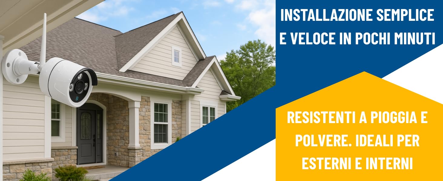 Il testo recita: 'INSTALLAZIONE SEMPLICE', 'È VELOCE IN POCHI MINUTI', 'RESISTENTE E FORMALE', 'PRATICA IDEALE PER ESTERNO E INTERNO'. Banner blu e bianchi con immagini esterne di case.