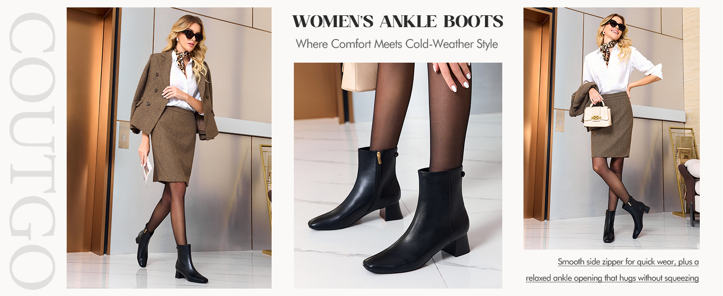 Coutgo Womens Ankle Boots Chunky Low Heels Square Toe Booties Side Zipper Winter Dress Boot Shoes