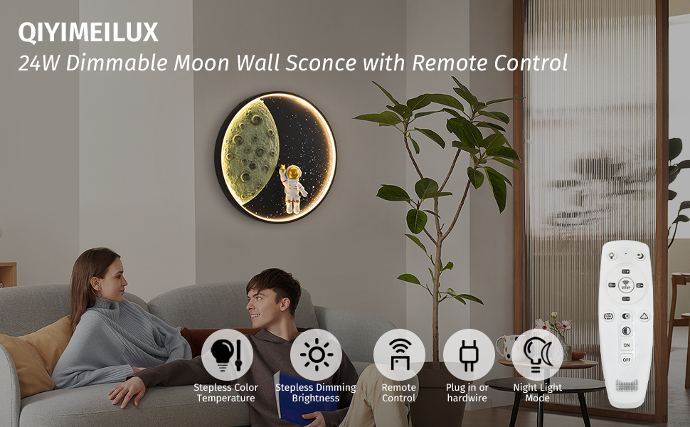 QIYIMEILUX Dimmable Moon Wall Sconce Plug in Modern LED Wall Light with