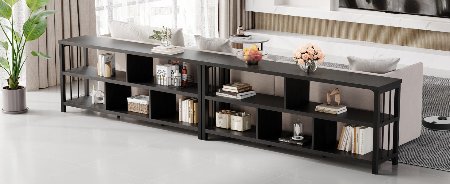 IBF 63” Black Bookshelf, Industrial Long Open Horizontal