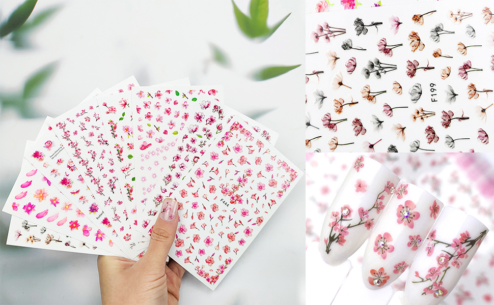Doneace Flower Nail Art Stickers Decals Colorful Cheery Blossoms 3D Nail Sticker 8Sheets Spring 