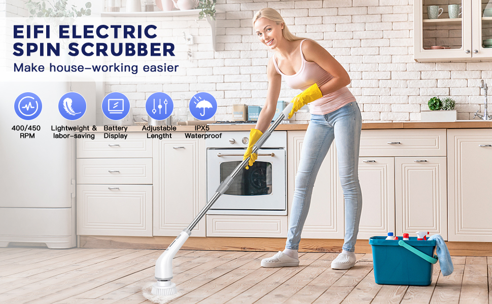 Electric Spin Scrubber, Up to 450RPM Cordless Cleaning