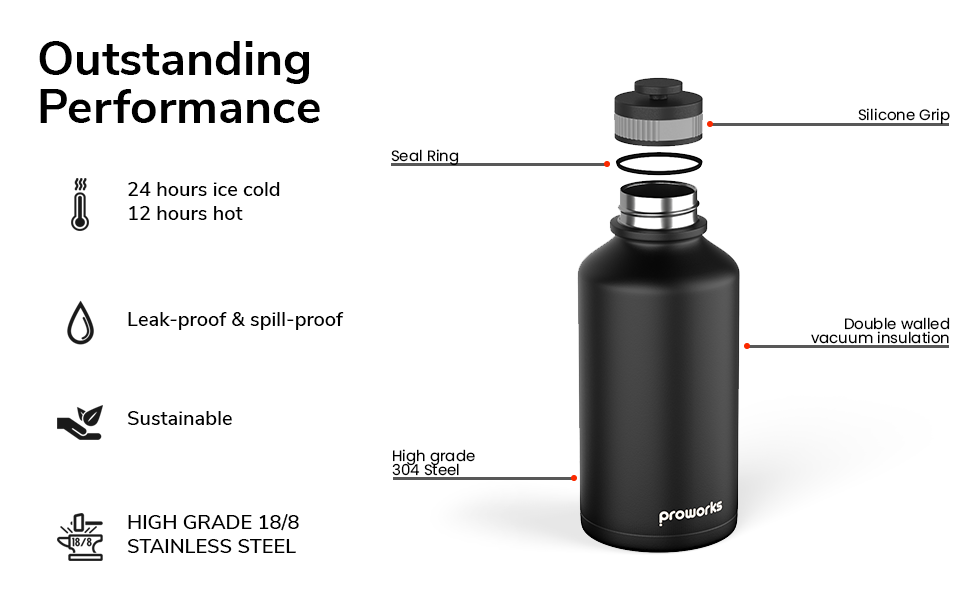 Proworks 2 Litre Water Bottle Vacuum Insulated Stainless Steel Metal