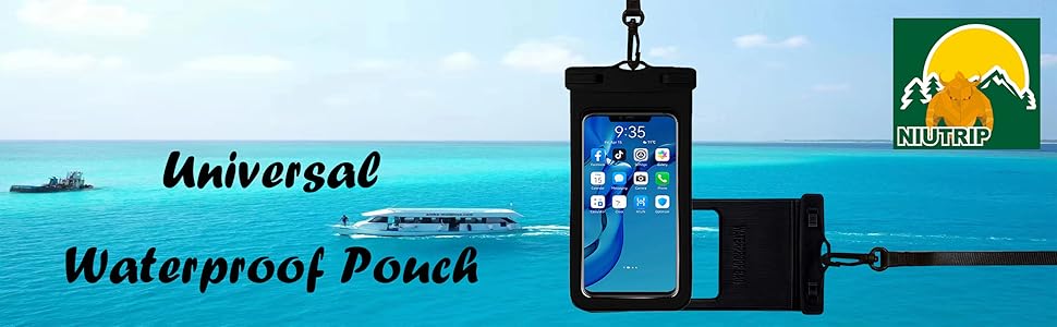 blue sea,white boat,black phone case with lanyard.