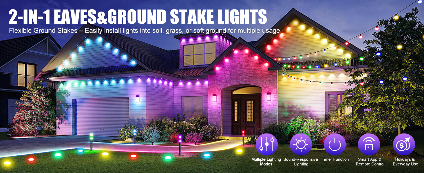 2-in-1 Eaves & Ground Stakes LED String Light