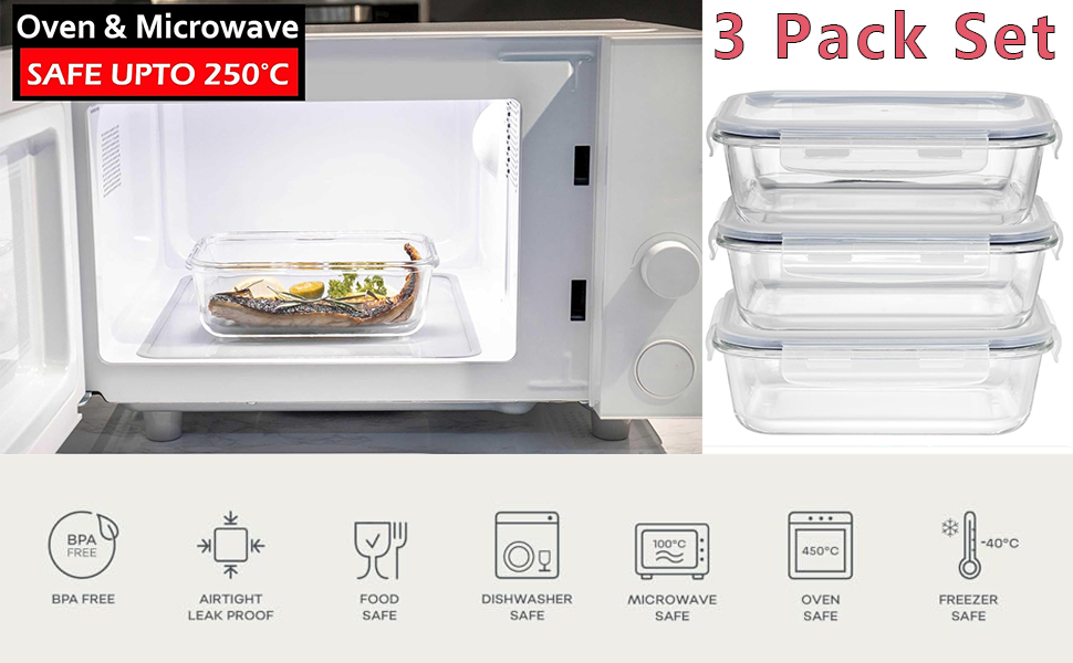 HOCHSTE Airtight Glass Food Containers with Lids - 3-Pack, 100% Leak Proof Storage Containers 