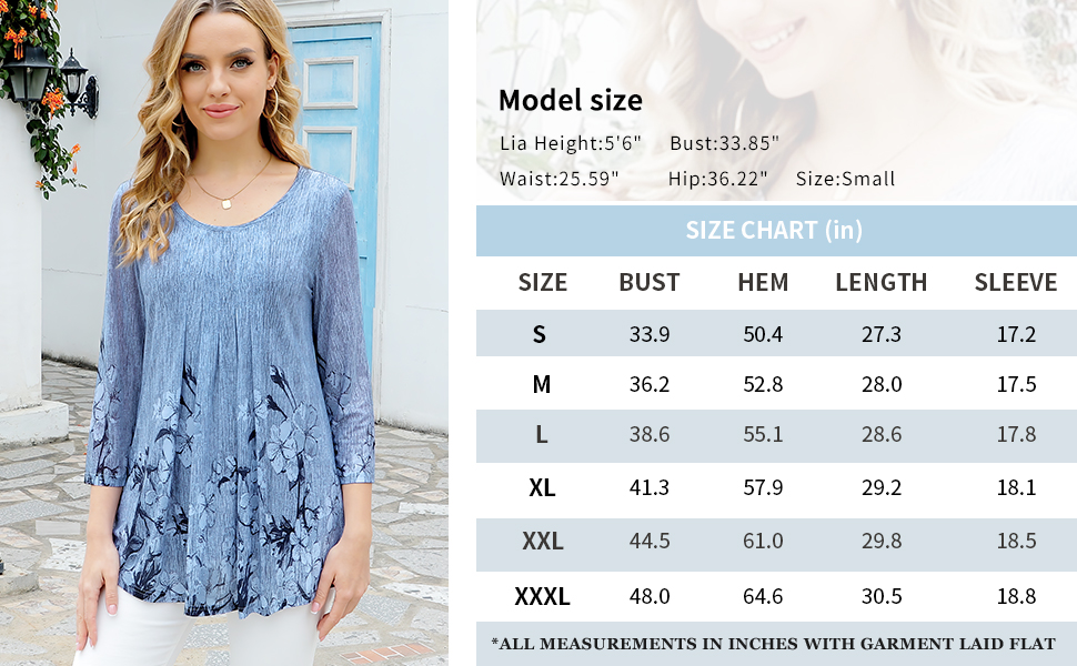 Women's Casual 3/4 Sleeve Tunic Tops Floral Double Layers Blouses Loose Fit Pleated Mesh Shirts