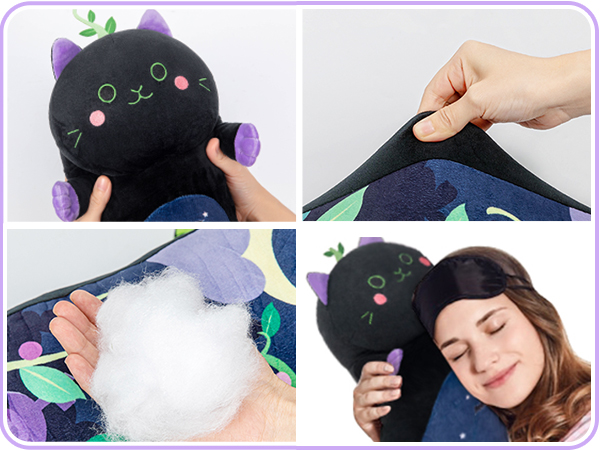 Ultra-soft black cat plush, ergonomic cat pillow, cozy stuffed animal, cute plush for sleeping