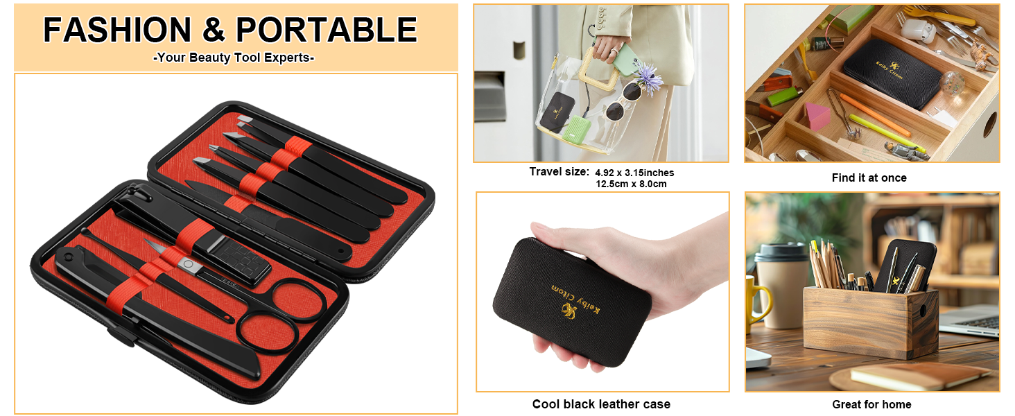 Portable manicure set with red-handled tools in black case. Additional images show leather case, wooden organizer, and various storage options for beauty tools.