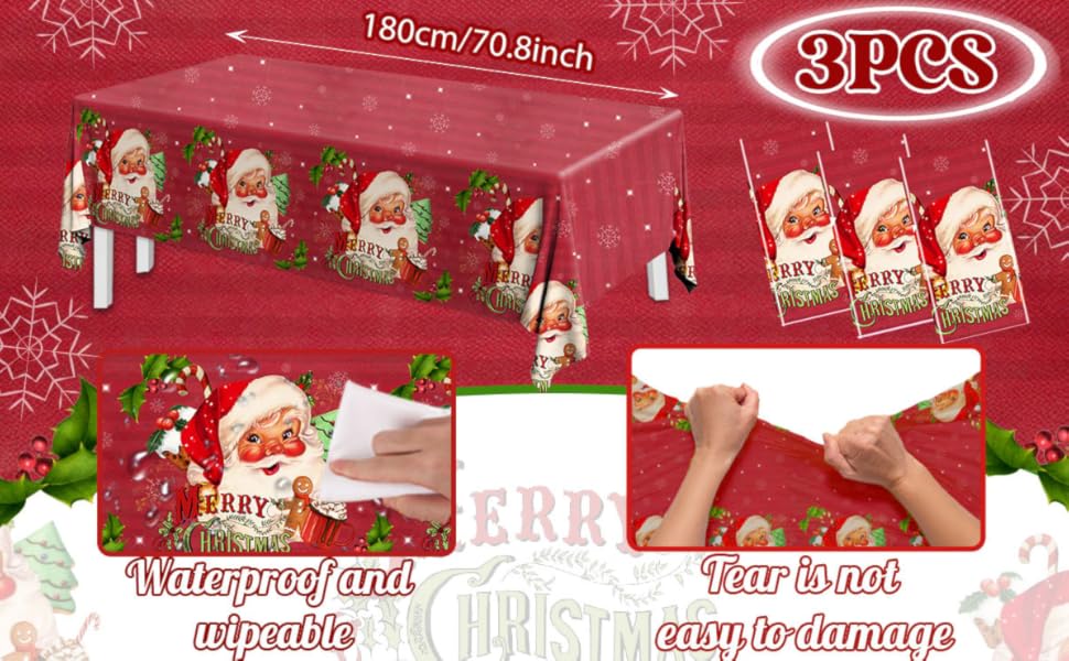 Christmas Plastic Tablecloth 3Pcs Santa Claus Tree Red