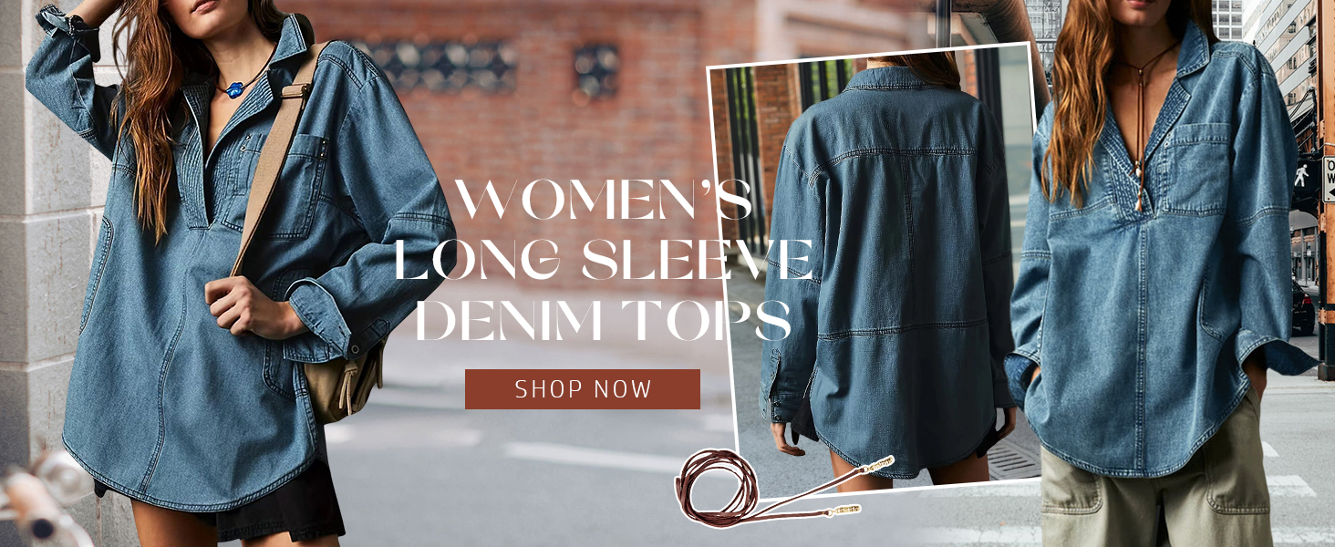 Women Long Sleeve Denim Pullover Jean Shirt V Neck Oversized Denim Shirt Hoodie Sweatshirt