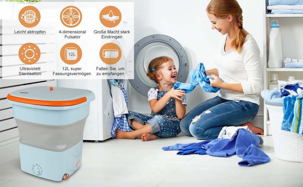 Tragbare Waschmaschine, 12 l, Mini-Waschmaschine, faltbar, mit Schleuder, tragbar, mobile Waschmaschine, Ultraschall, für Unterwäsche, Socken und kleine Gegenstände, Camping, Reise (blau