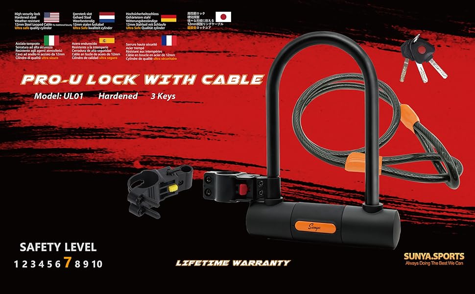 SUNYA Bike Lock Heavy Duty Anti Theft. Hardened U Lock for