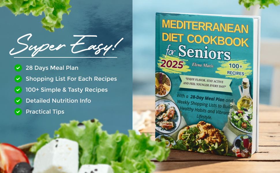 Mediterranean diet cookbook for seniors 2025 cover with healthy food and vegetables