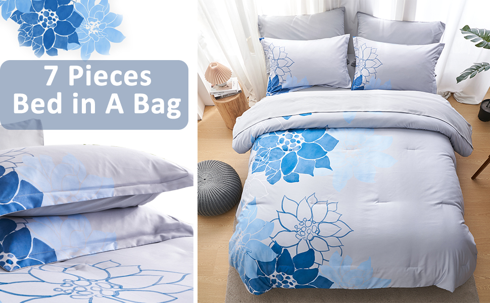 Ellewins King Size Comforter Set,7 Piece Bed in a Bag Blue Floral Comforter for King