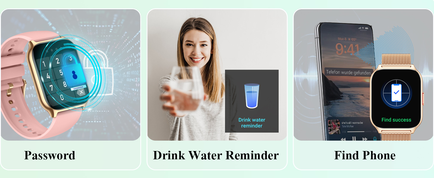 Smartwatch features: password protection, water drinking reminder, and phone finder. Images show watch interface and person holding glass of water.