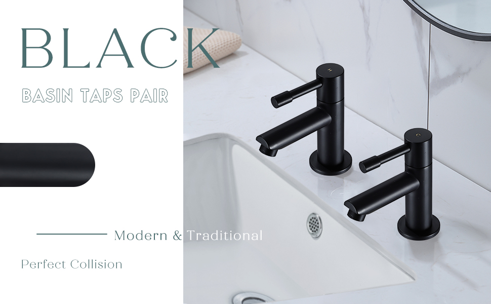 Mighbow Basin Pillar Taps Pair Black Bathroom Sink Mixer Taps Monobloc