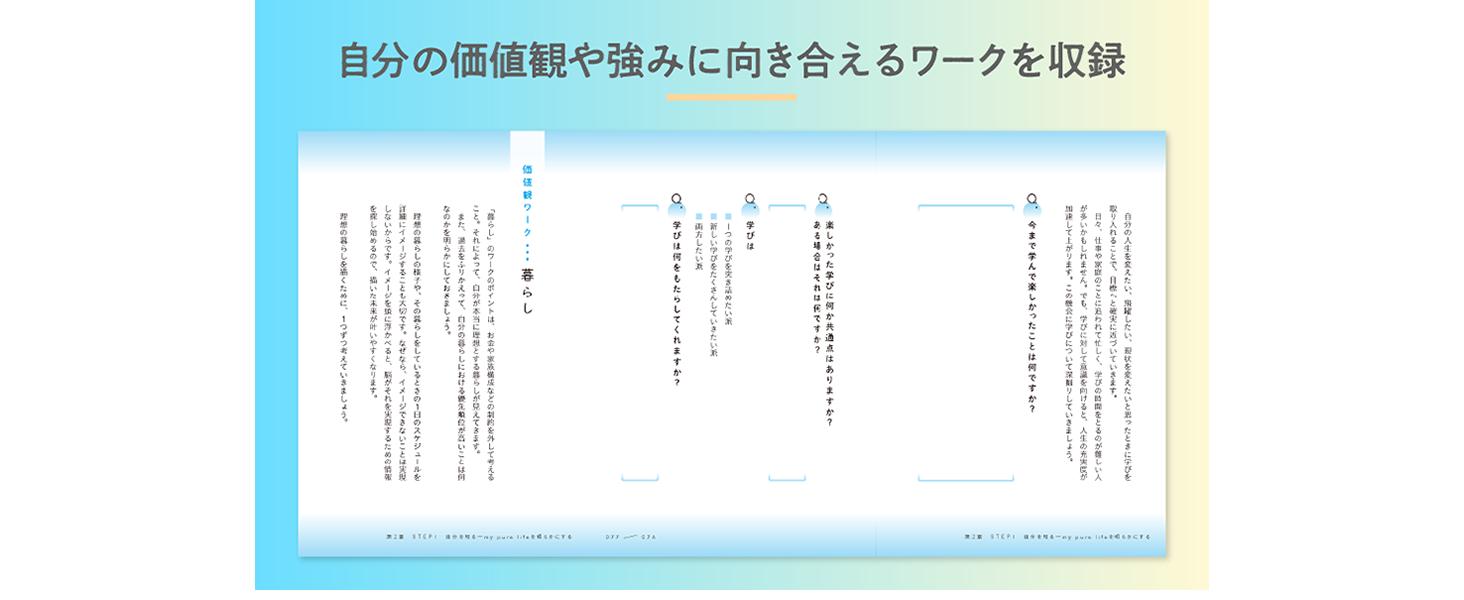 自分の価値観や強みに向き合えるワークを収録
