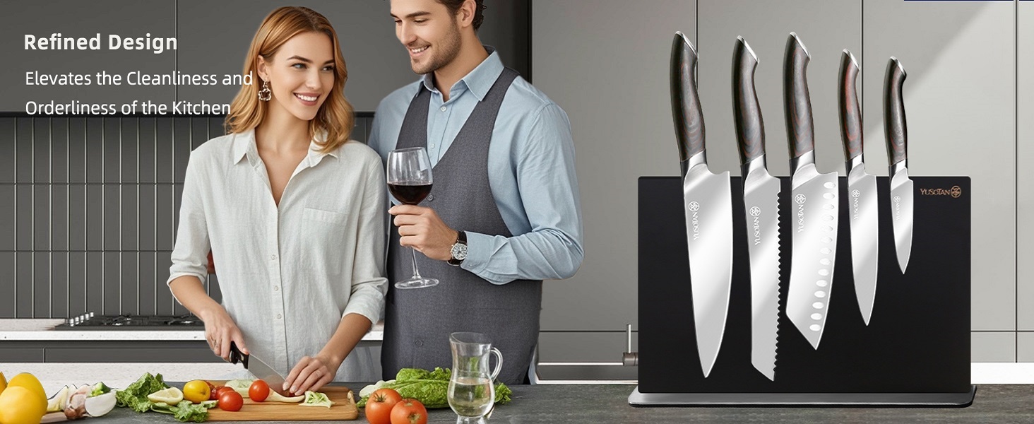 kitchen knife set with a wooden magnetic knife holder