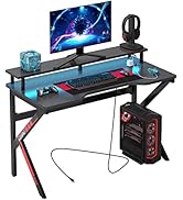 SogesGame Gaming Desk with LED Strip & Power Outlets, 47.2 Inches K Shaped Large Computer Desk, H...