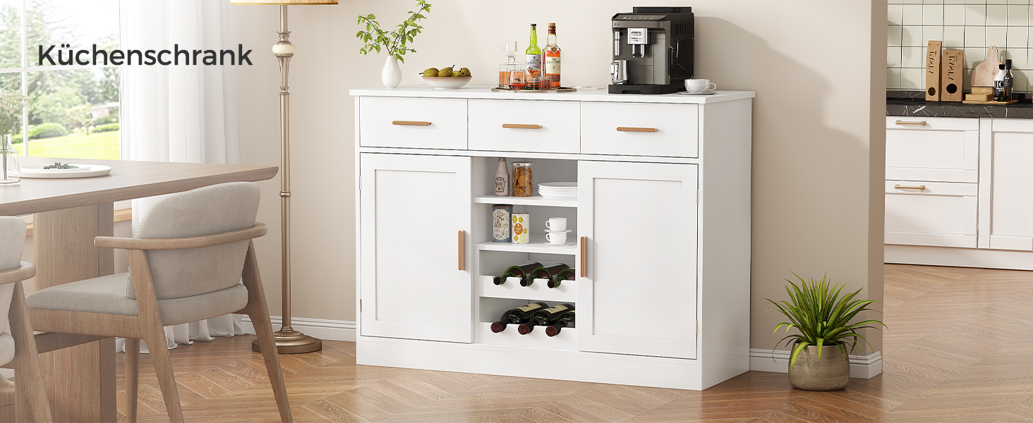 Der Text lautet „Küchenschrank“. Mehrere Ansichten von weißen, modernen Küchenschränken mit klaren Linien, dargestellt in verschiedenen Raumeinstellungen mit Holzböden.
