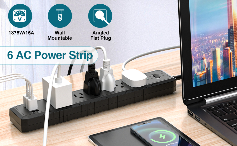 Power Bar, 2 Pack Power Strip Surge Protector with 6 Outlets & 4 USB