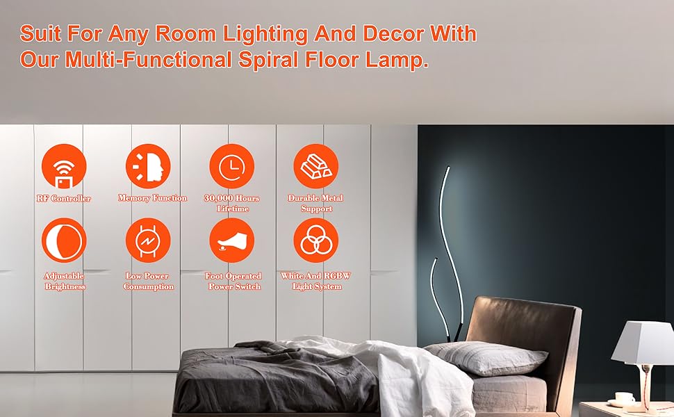 RGBW Modern Spiral Floor Lamp for Bedroom Living Room Office, Dimmable Black Standing Led