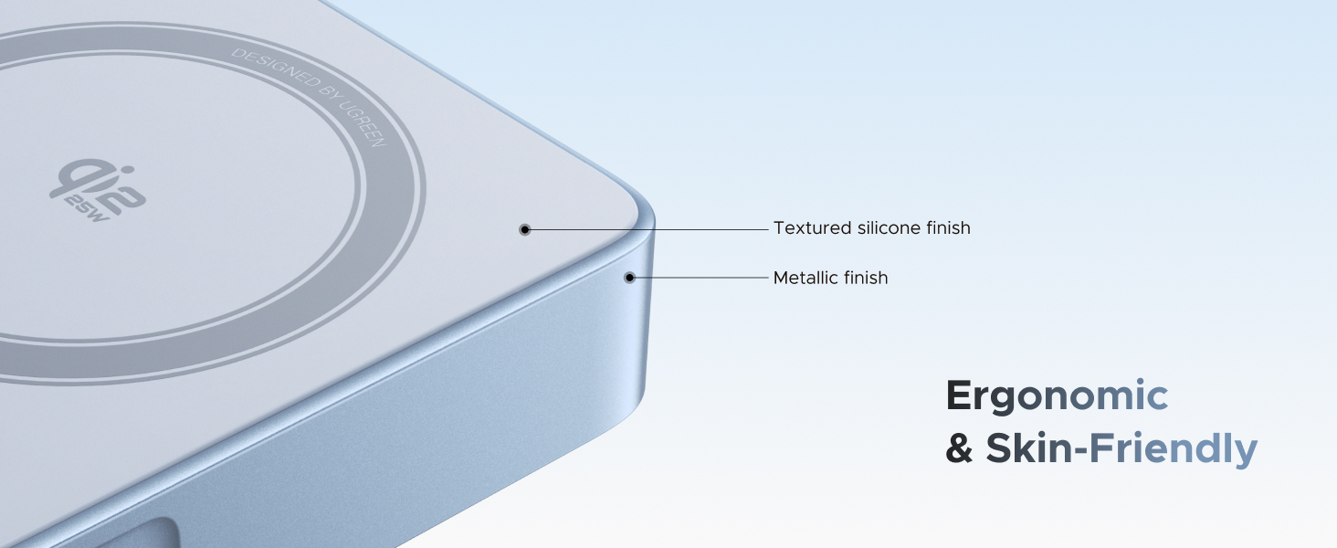 Text reads 'Ergonomic & Skin-Friendly'. Close-up of a silver/gray device corner showing minimal design with curved edges and labeled component indicators.