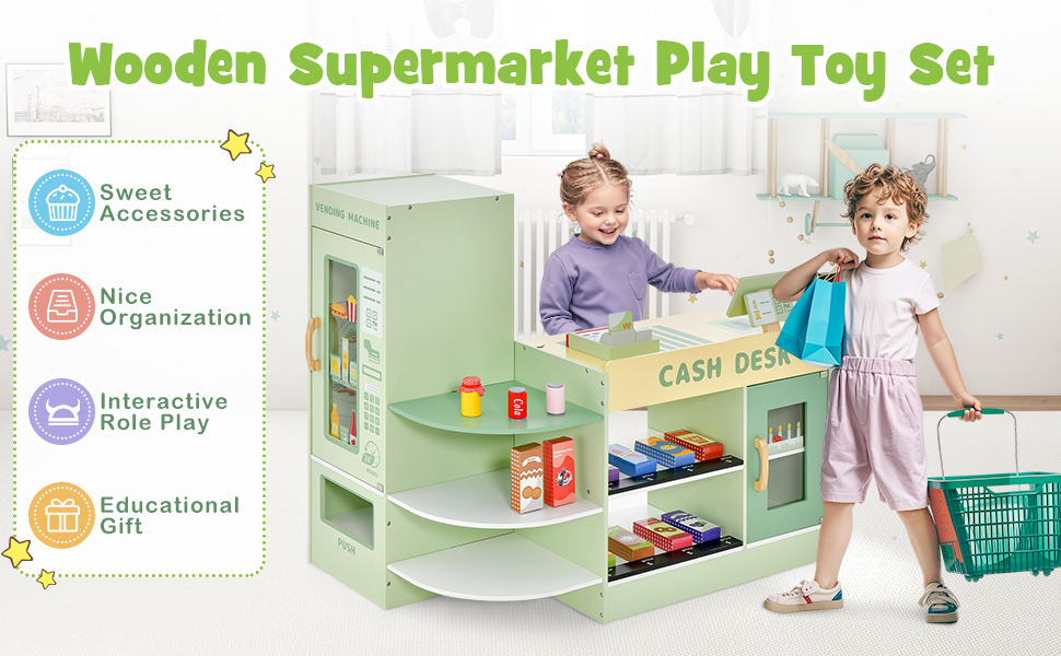 Text reads 'Wooden Supermarket Play Toy Set'. Images showing colorful wooden toy store setup with play register, shelves, and shopping elements.