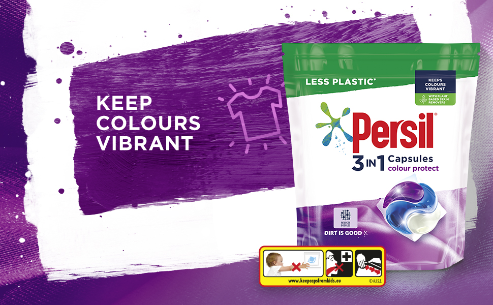 Our Persil 3 in 1 Colour Capsules are made with plant-based stain removers and keep colours vibrant