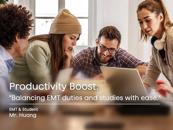 Text reads 'Productivity Boost' and 'Balancing EMT duties and studies with ease'. Shows group studying or working together at table.