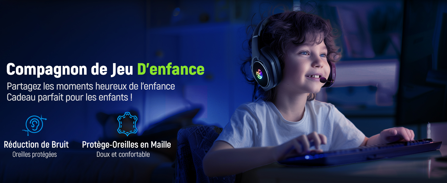 Interface de configuration de jeu affichant le texte français « Compagnon de Jeu d'Enfance » avec des icônes pour les fonctions de réduction du son et de protection affichées