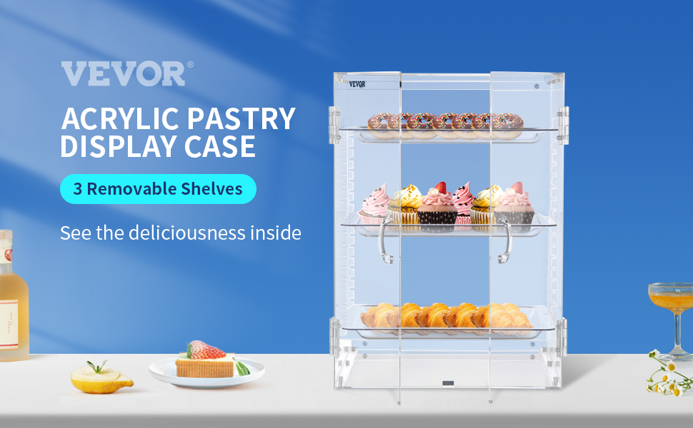 VEVOR Pastry Display Case, 3Tier Removable Shelves Bakery