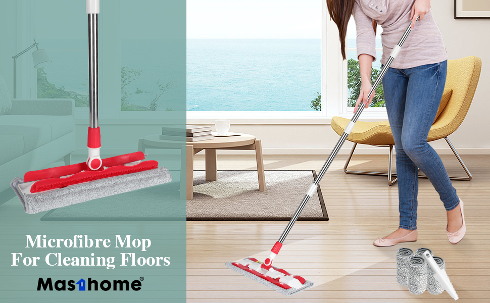 Masthome Floor Mops, Microfibre Flat Mop with 4 Reusable Pads & 148.5cm
