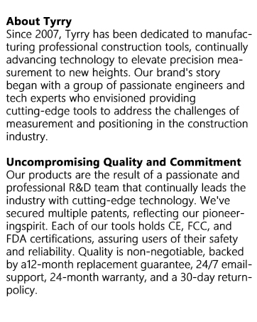 Text description of a company's dedication to manufacturing construction tools, emphasizing precision measurement and positioning technology for the construction industry.