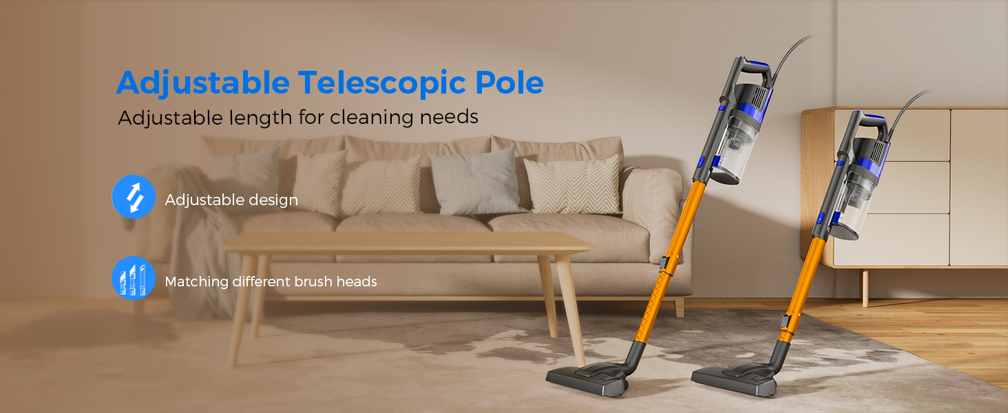 Text reads 'Adjustable Telescopic Pole'. Series of images showing an extending pole or stand with adjustment mechanism against beige background.