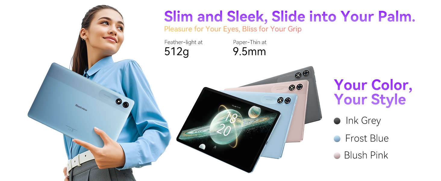 Slim laptop or tablet device shown in three colors: grey, blue, and black. Text highlights 9.5mm thickness and 519g weight.