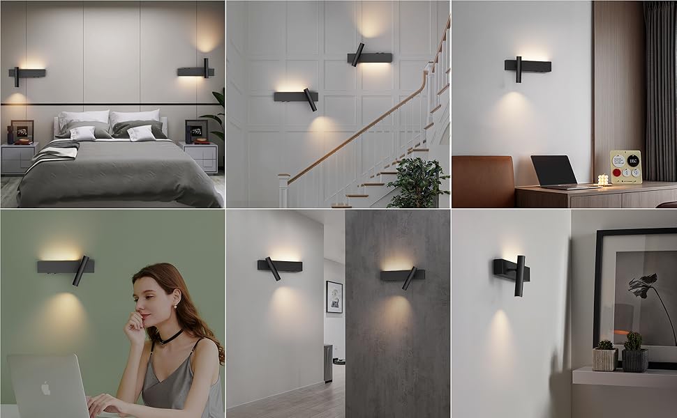 Description Picture 6 of item2 Pieces LED Wall Light Indoor, 3W+3W Wall Light 2 Flames, 3000K Wall Lamp with 2 Switches, Round Wall Spotlight Rotatable Black