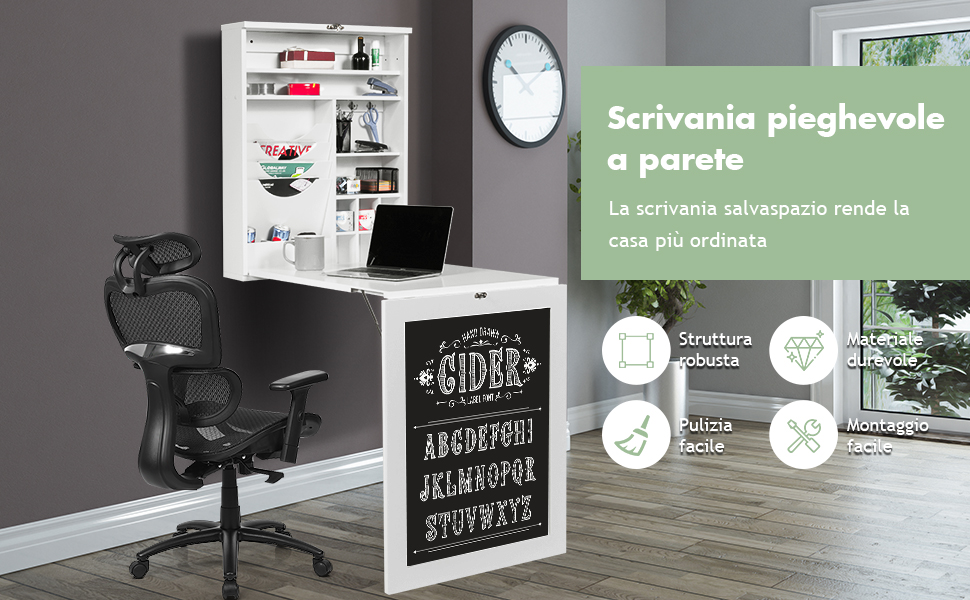 COSTWAY Scrivania Da Parete, Tavolo Pieghevole A Parete Con Lavagna E Mensola Regolabile, Scrivania Multifunzione Con Scaffali Per Casa Ufficio, 87 X 60 X 150 Cm (Nero) 10 1