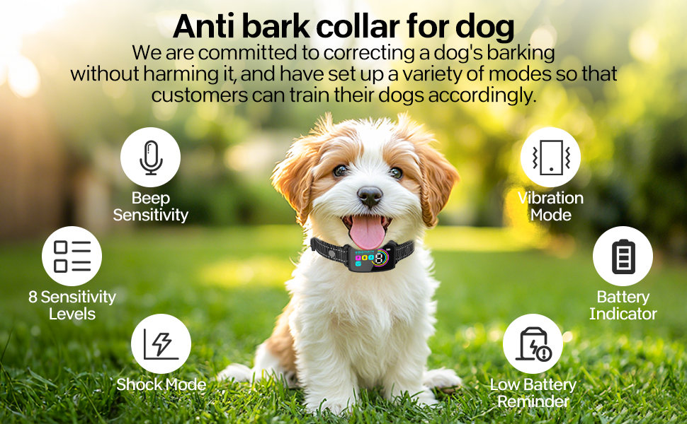 Anti-bark dog collar with multiple modes including beep sensitivity, vibration, shock, and low battery reminder. Features 8 sensitivity levels and battery indicator for dog training.