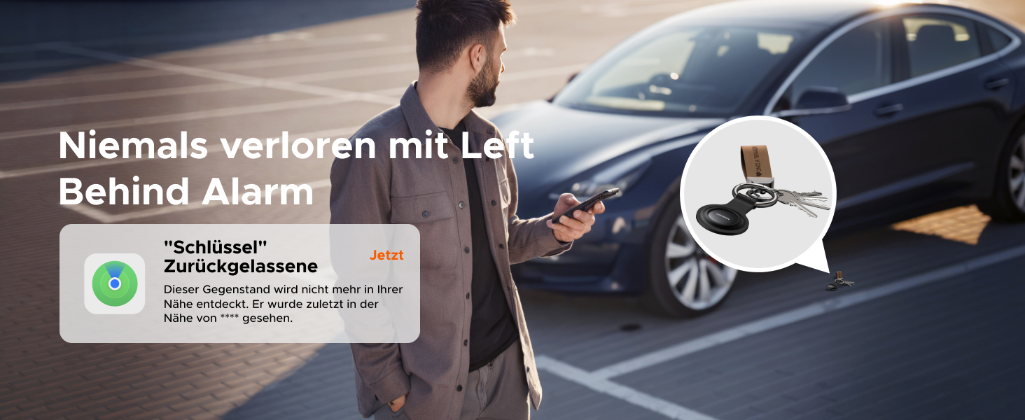 Der Text lautet „Niemals verloren mit Left Behind Alarm“. Marketingbilder, die das Parken von Autos mit Smartphone-Integrationsfunktionen zeigen.