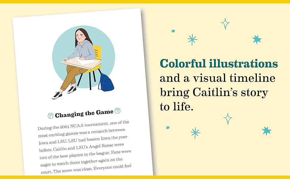 Colorful illustrations and a visual timeline bring Caitlin's story to life