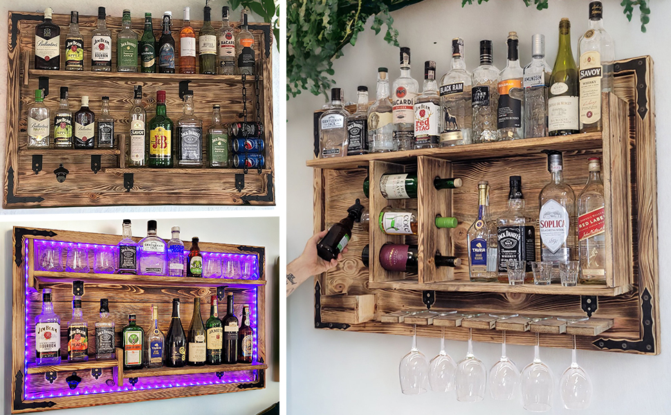 Hängende Holzregale für Alkoholflaschen, rustikaler Stil, handgefertigte RGB-LED-Beleuchtung