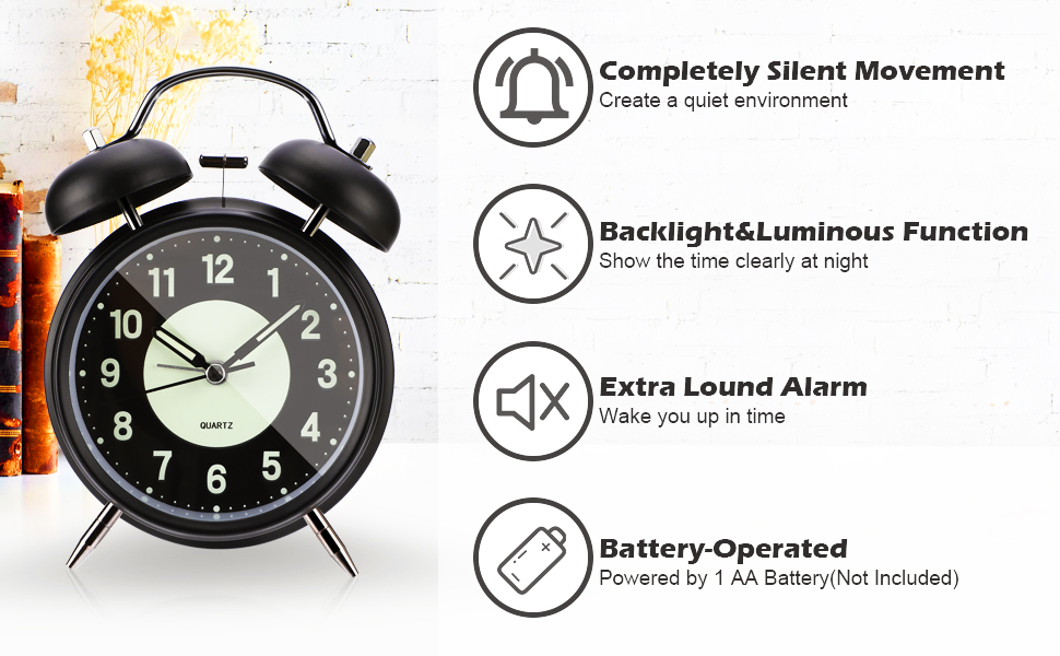 Coikes Retro Twin Bell Alarm Clock, Silent NonTicking Bedside Alarm