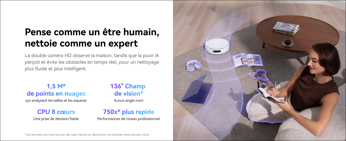 Le texte se lit comme suit : « Pensée comme un être humain, réalisée comme un esprit ». L'image montre une configuration technologique ou robotique avec des composants.