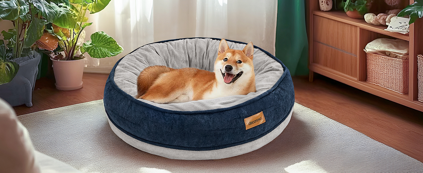 Deconovo Cosy Donut Dog Bed Medium– Soft Plush Cushion with Water Resistent Back & Non-Slip Base – Washable & Durable Nest for Dogs and Cats, 61x61x15cm, Caramel and Cream 21 dog bed