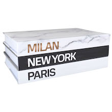 Decorative books with Milan, New York and Paris city names in black, white and marble design