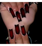 SINHOT Square Press on Nails Long - Goth Black & Red Ombre Gothic Style Squoval Nail Art, DIY Fak...