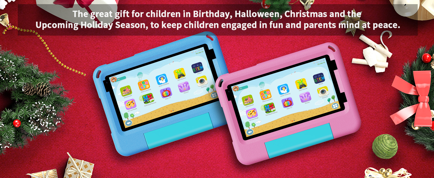 Multiple images of tablet devices displaying what appears to be educational or gaming content with colorful icons and interface elements.