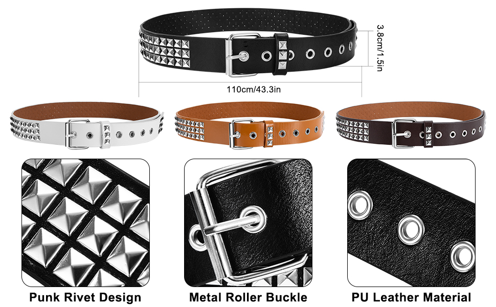 Cintura borchiata in più colori. Presenta un design con rivetti punk, fibbia a rullo in metallo e materiale in pelle PU. Larghezza 43,3